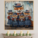 Mother Fox with Three Baby Foxes Wearing Patriotic Hats and Dresses on Ready to Hang 1.5" Thick Canvas Wrap, Floating Framed Canvas, Flat Rolled Canvas